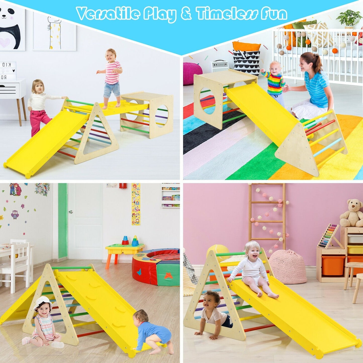 5 in 1 Kids Triangle Climber Play Gym Set with 2 Ramps, Natural Climbers & Slides   at Gallery Canada