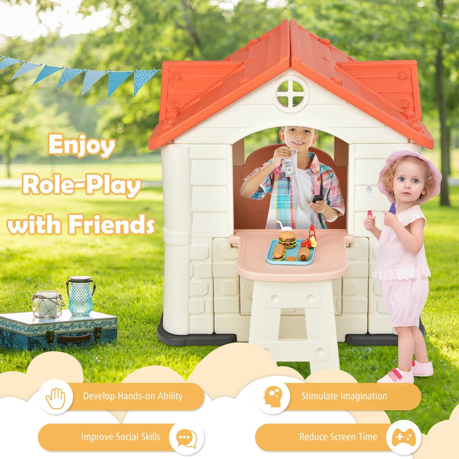 Kid’s Playhouse Pretend Toy House For Boys and Girls 7 Pieces Toy Set, Pink Play Tents & Playhouse   at Gallery Canada