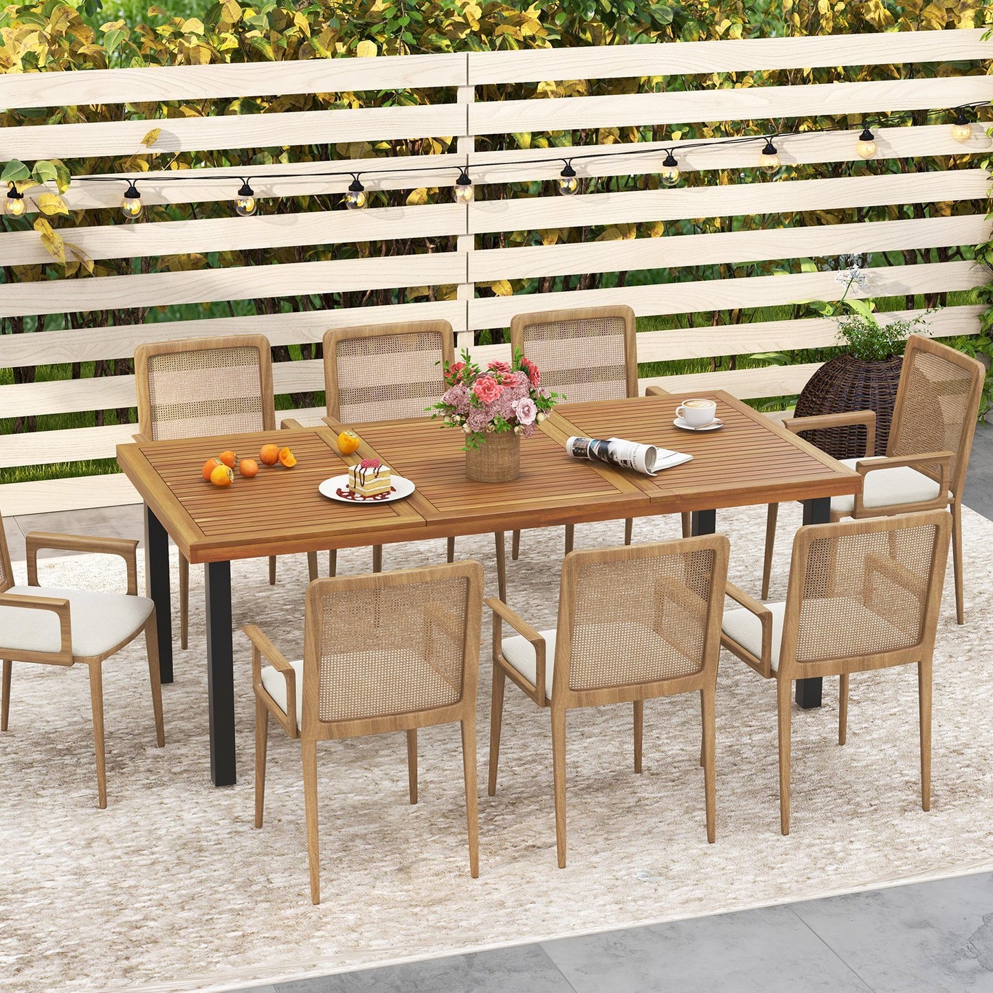 79" Acacia Wood Dining Table 8-Person Patio Table with 1.9" Umbrella Hole and Adjustable Foot Pads, Black Patio Dining Tables   at Gallery Canada