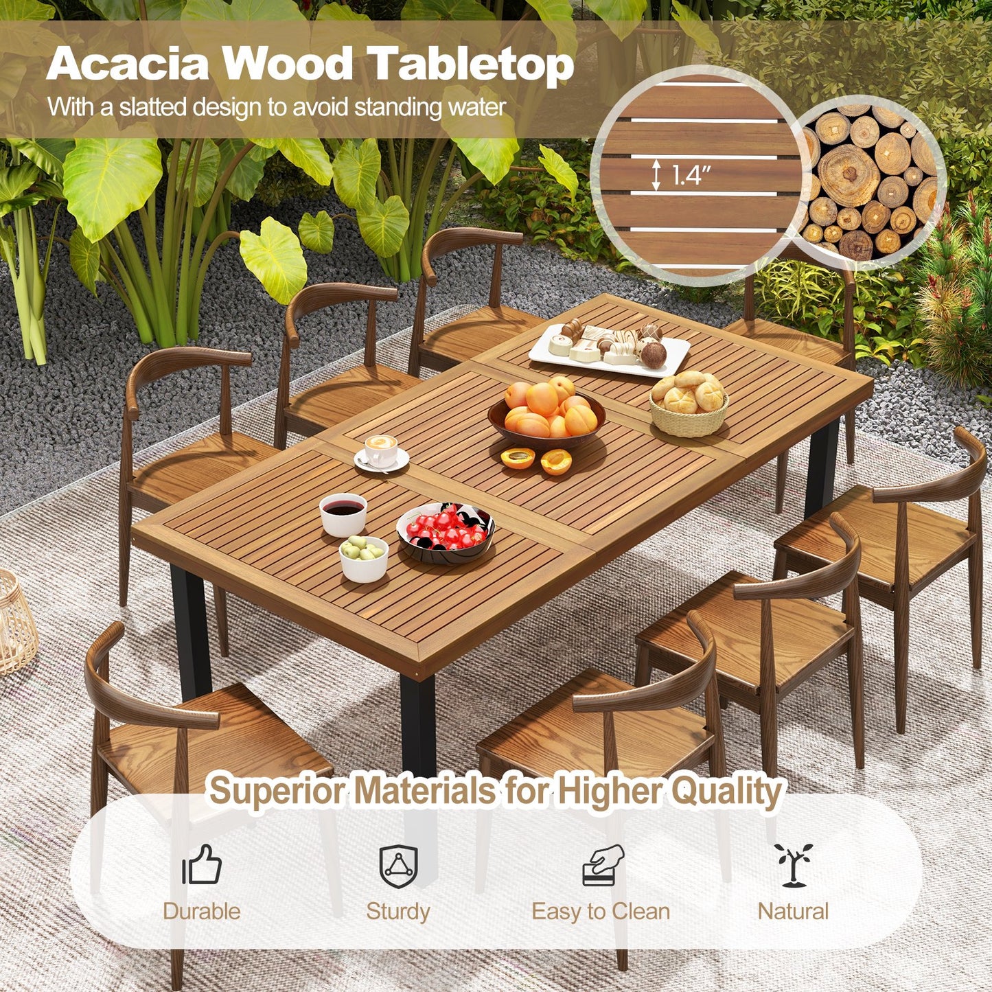 79" Acacia Wood Dining Table 8-Person Patio Table with 1.9" Umbrella Hole and Adjustable Foot Pads, Black Patio Dining Tables   at Gallery Canada