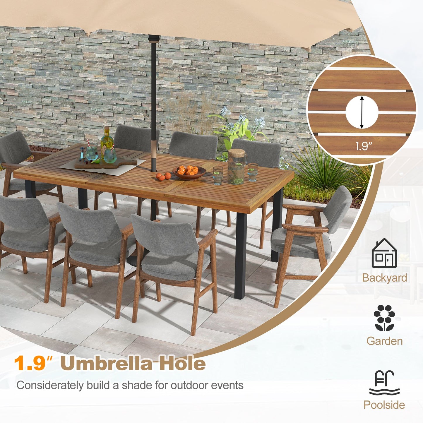 79" Acacia Wood Dining Table 8-Person Patio Table with 1.9" Umbrella Hole and Adjustable Foot Pads, Black Patio Dining Tables   at Gallery Canada