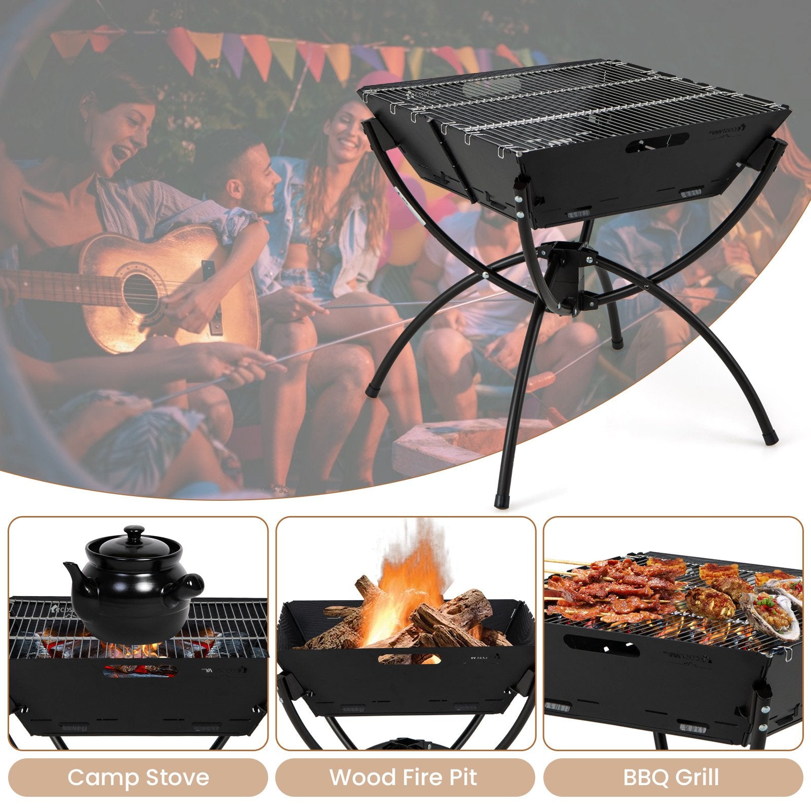 3-in-1 Camping Campfire Grill with Stainless Steel Grills Carrying Bag & Gloves, Black Outdoor Grills   at Gallery Canada