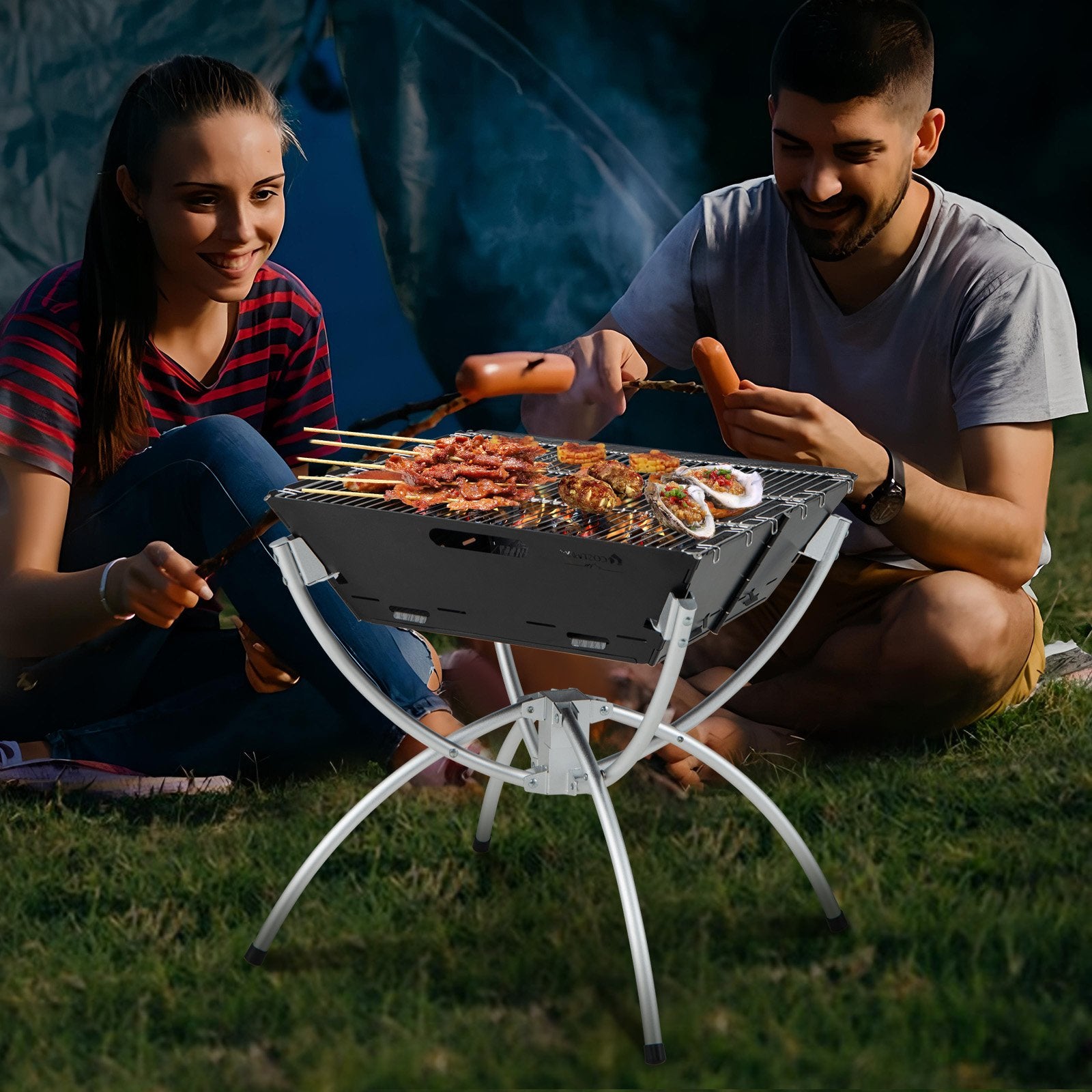 3-in-1 Camping Campfire Grill with Stainless Steel Grills Carrying Bag & Gloves, Silver Outdoor Grills   at Gallery Canada