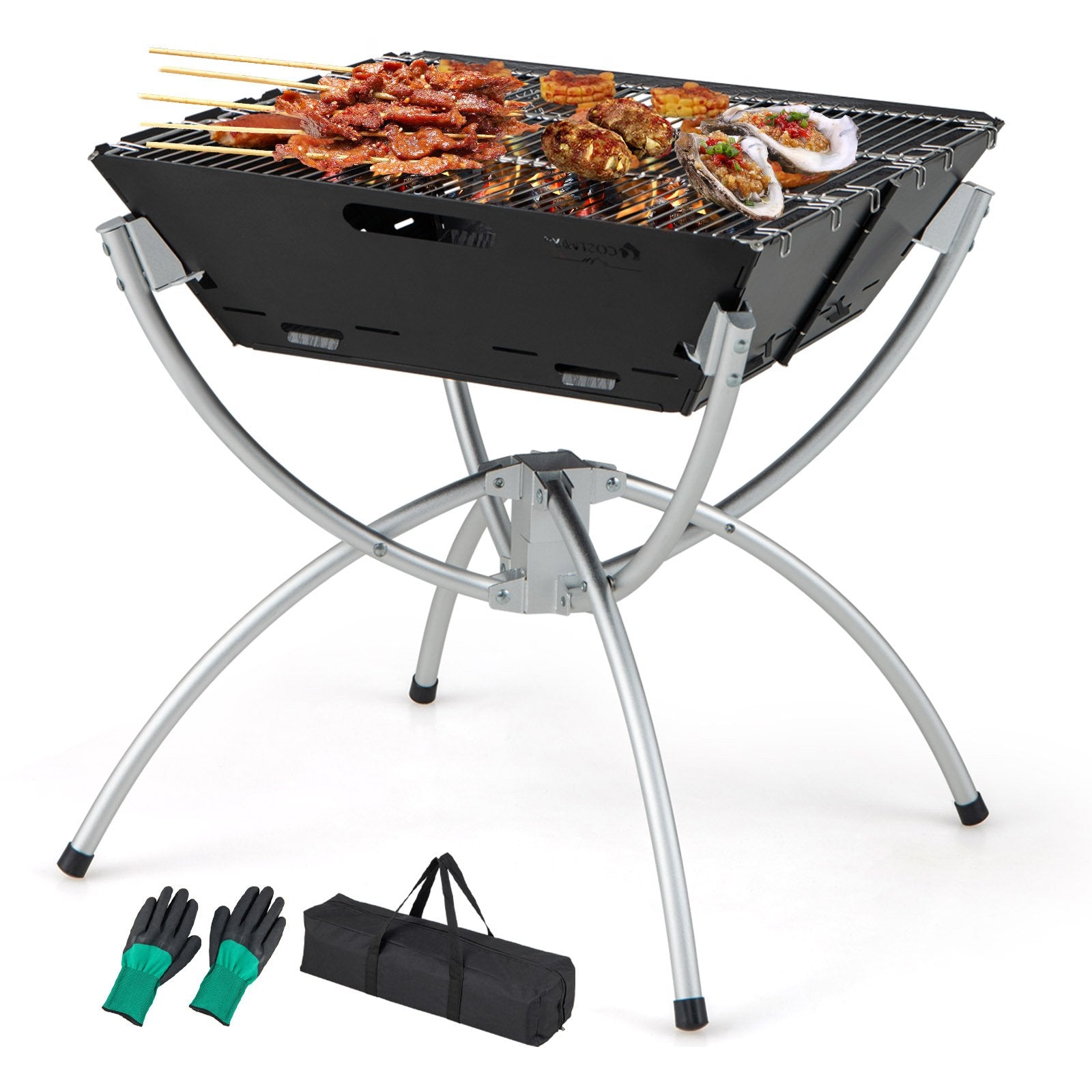 3-in-1 Camping Campfire Grill with Stainless Steel Grills Carrying Bag & Gloves, Silver Outdoor Grills   at Gallery Canada