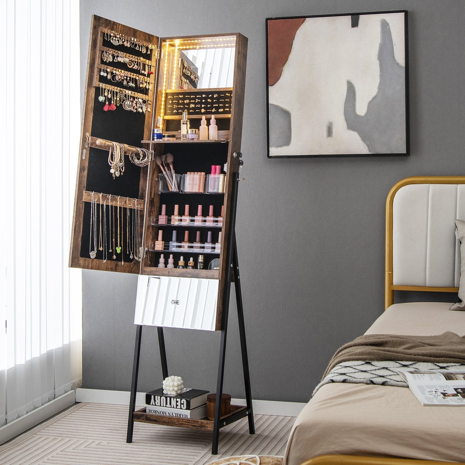 Lockable Freestanding Jewelry Organizer with Full-Length Frameless Mirror, Rustic Brown Jewelry Armoires   at Gallery Canada