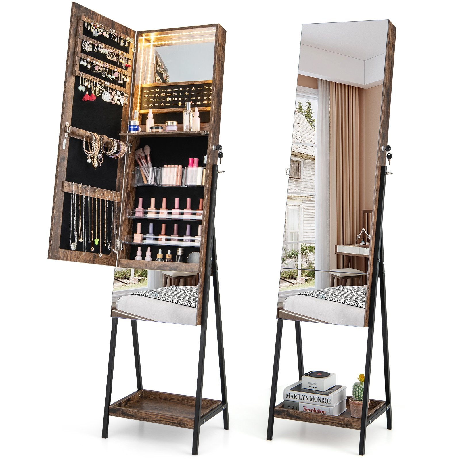 Lockable Freestanding Jewelry Organizer with Full-Length Frameless Mirror, Rustic Brown Jewelry Armoires   at Gallery Canada