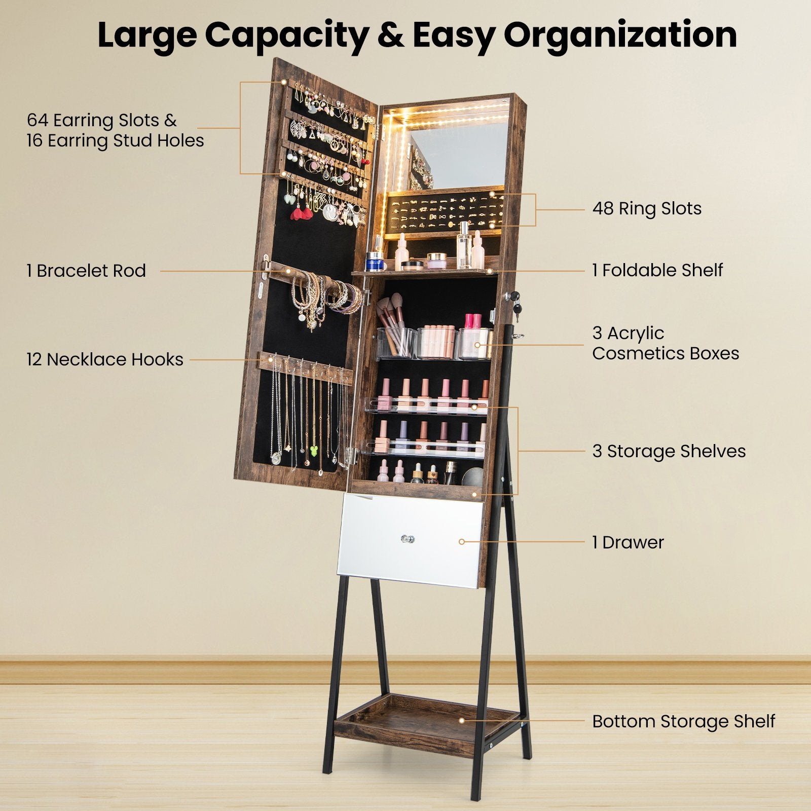 Lockable Freestanding Jewelry Organizer with Full-Length Frameless Mirror, Rustic Brown Jewelry Armoires   at Gallery Canada