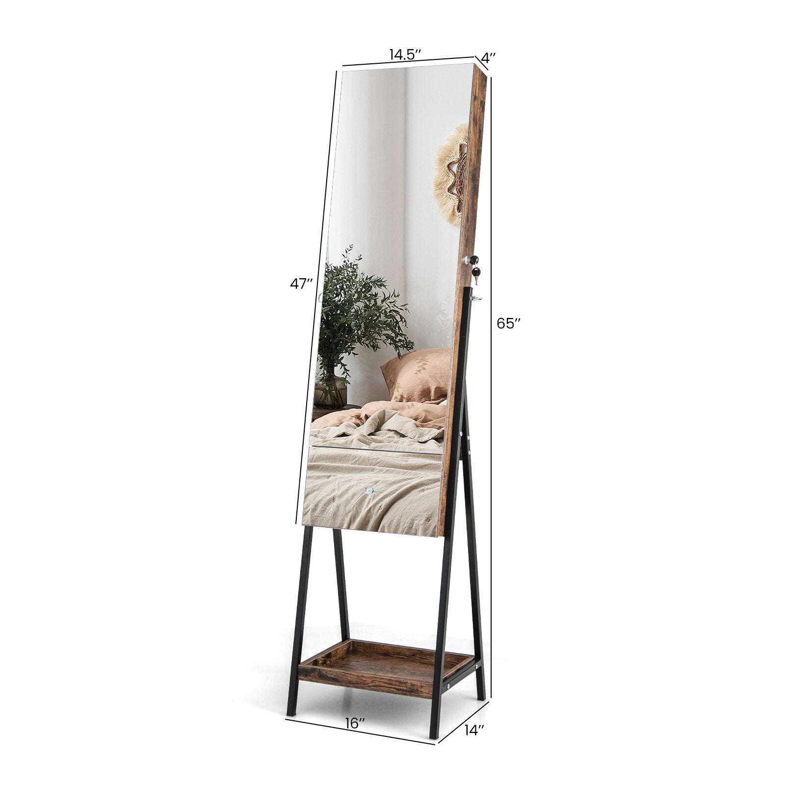 Lockable Freestanding Jewelry Organizer with Full-Length Frameless Mirror, Rustic Brown Jewelry Armoires   at Gallery Canada