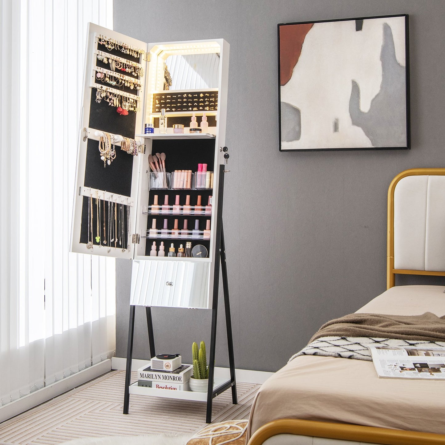 Lockable Freestanding Jewelry Organizer with Full-Length Frameless Mirror, White Jewelry Armoires   at Gallery Canada