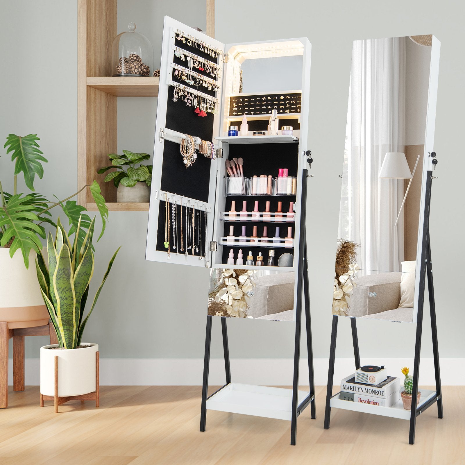 Lockable Freestanding Jewelry Organizer with Full-Length Frameless Mirror, White Jewelry Armoires   at Gallery Canada