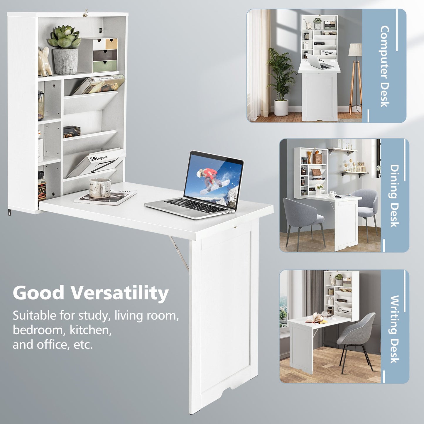 Wall Mounted Fold-Out Convertible Floating Desk Space Saver, White Laptop Tables & Printer Stands   at Gallery Canada