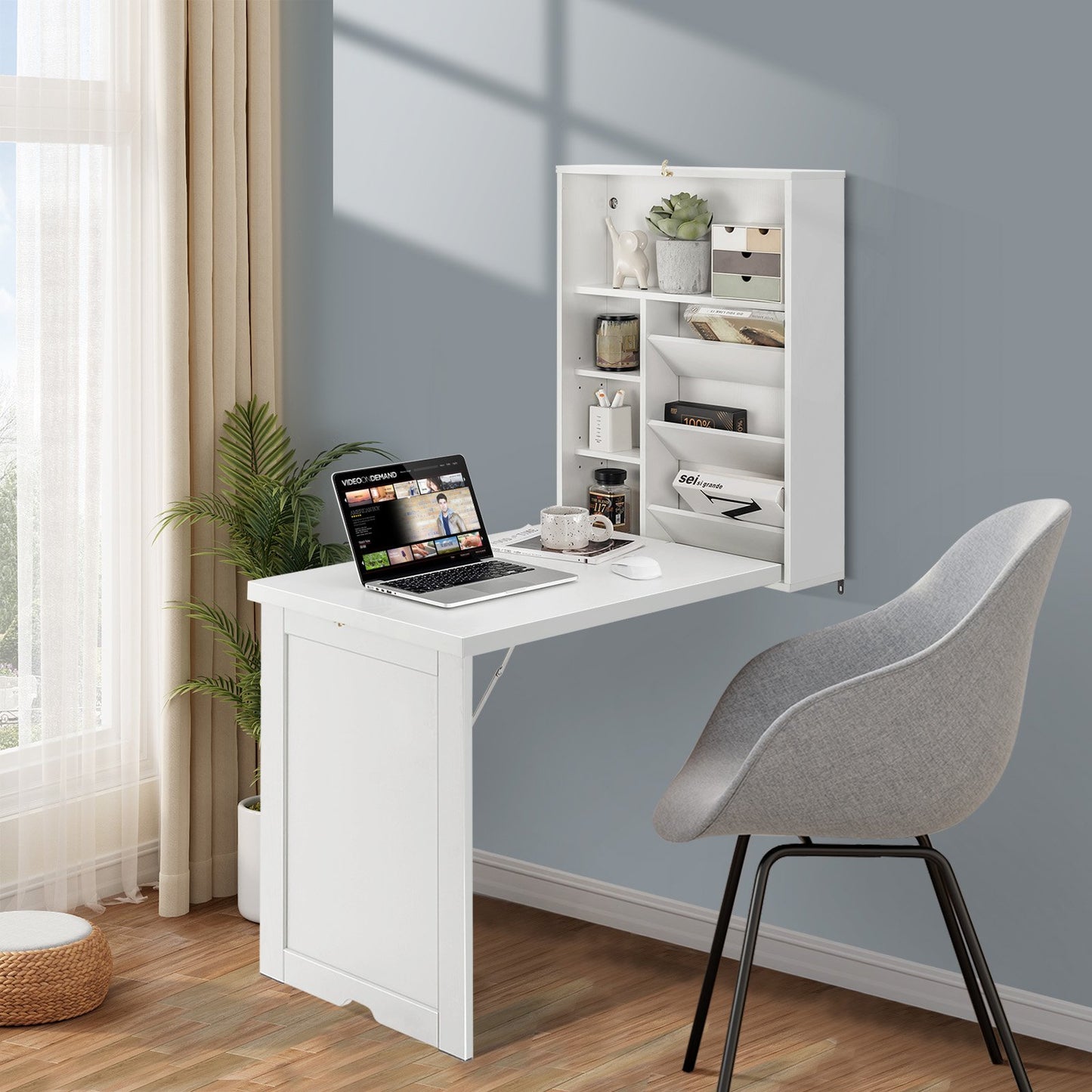 Wall Mounted Fold-Out Convertible Floating Desk Space Saver, White Laptop Tables & Printer Stands   at Gallery Canada