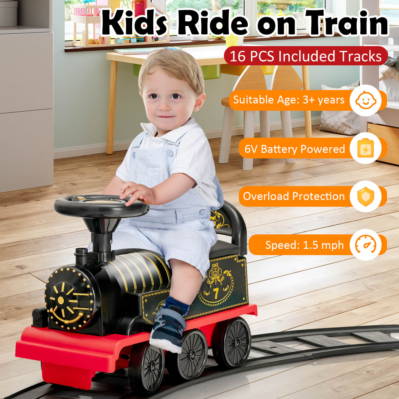 6V Electric Kids Ride On Car Toy Train with 16 Pieces Tracks, Black - Gallery Canada