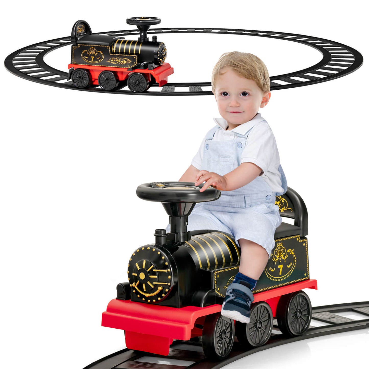 6V Electric Kids Ride On Car Toy Train with 16 Pieces Tracks, Black - Gallery Canada