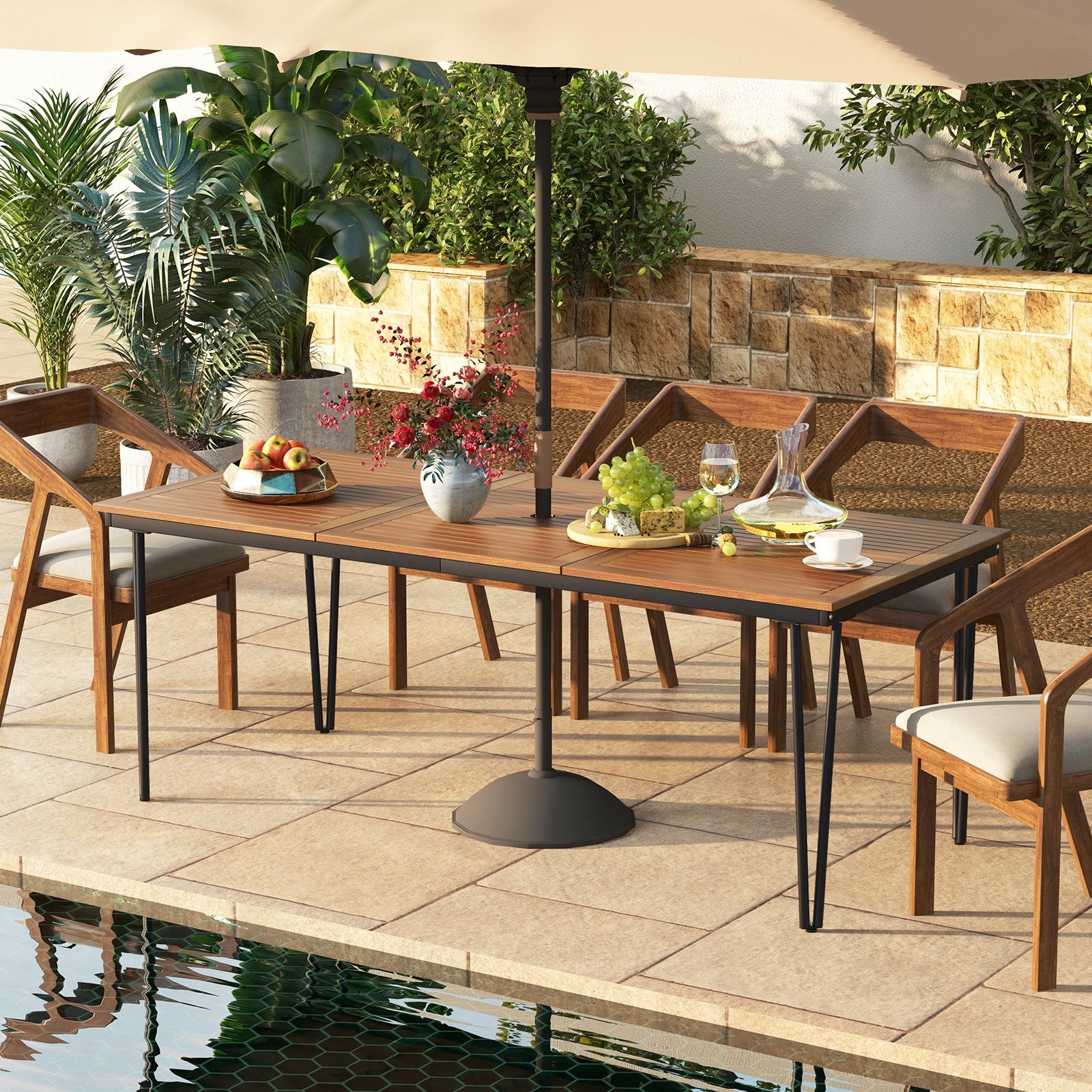 79 Inch 8-Person Outdoor Dining Table with 1.9 Inch Umbrella Hole, Natural Patio Dining Tables   at Gallery Canada