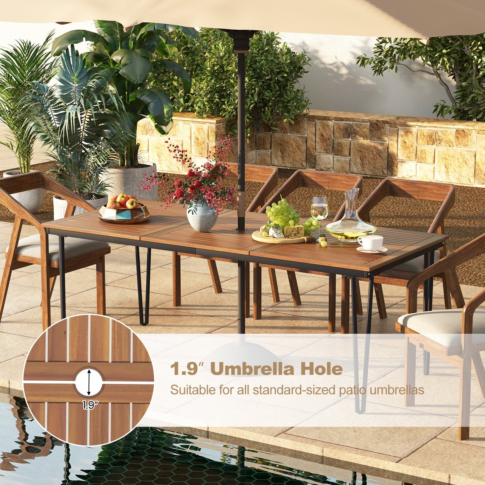 79 Inch 8-Person Outdoor Dining Table with 1.9 Inch Umbrella Hole, Natural Patio Dining Tables   at Gallery Canada