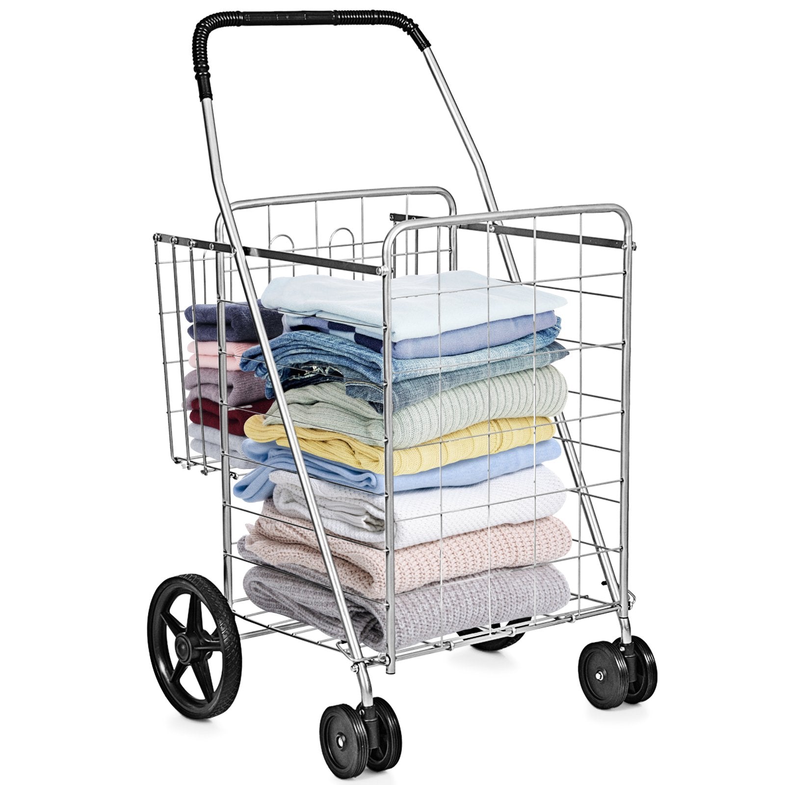 Folding Shopping Cart for Laundry with Swiveling Wheels and Dual Storage Baskets-Sliver, Silver Kitchen Tools   at Gallery Canada