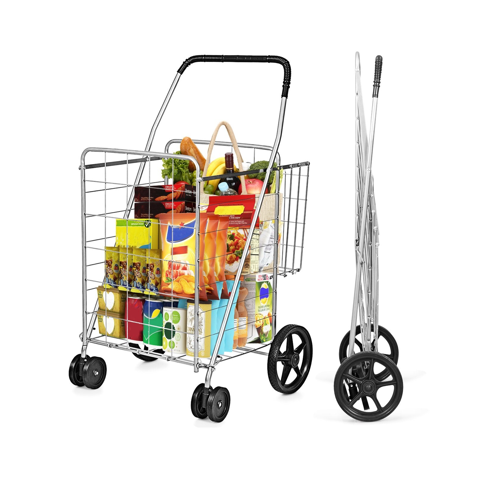 Folding Shopping Cart for Laundry with Swiveling Wheels and Dual Storage Baskets-Sliver, Silver Kitchen Tools   at Gallery Canada