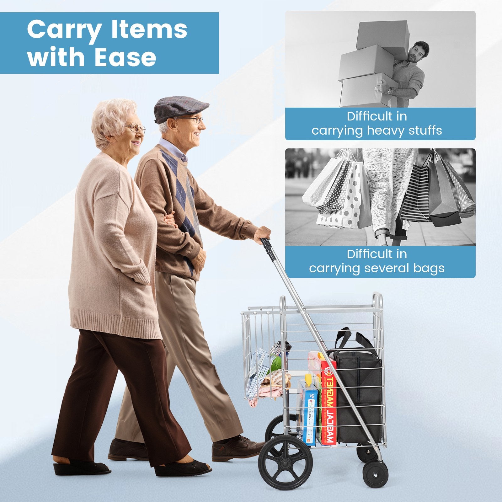 Folding Shopping Cart for Laundry with Swiveling Wheels and Dual Storage Baskets-Sliver, Silver Kitchen Tools   at Gallery Canada