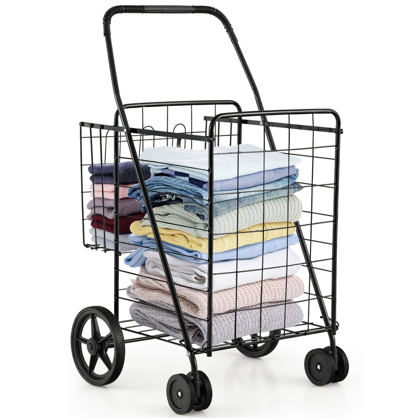 Folding Shopping Cart for Laundry with Swiveling Wheels and Dual Storage Baskets, Black Kitchen Tools   at Gallery Canada