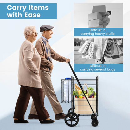 Folding Shopping Cart for Laundry with Swiveling Wheels and Dual Storage Baskets, Black - Gallery Canada