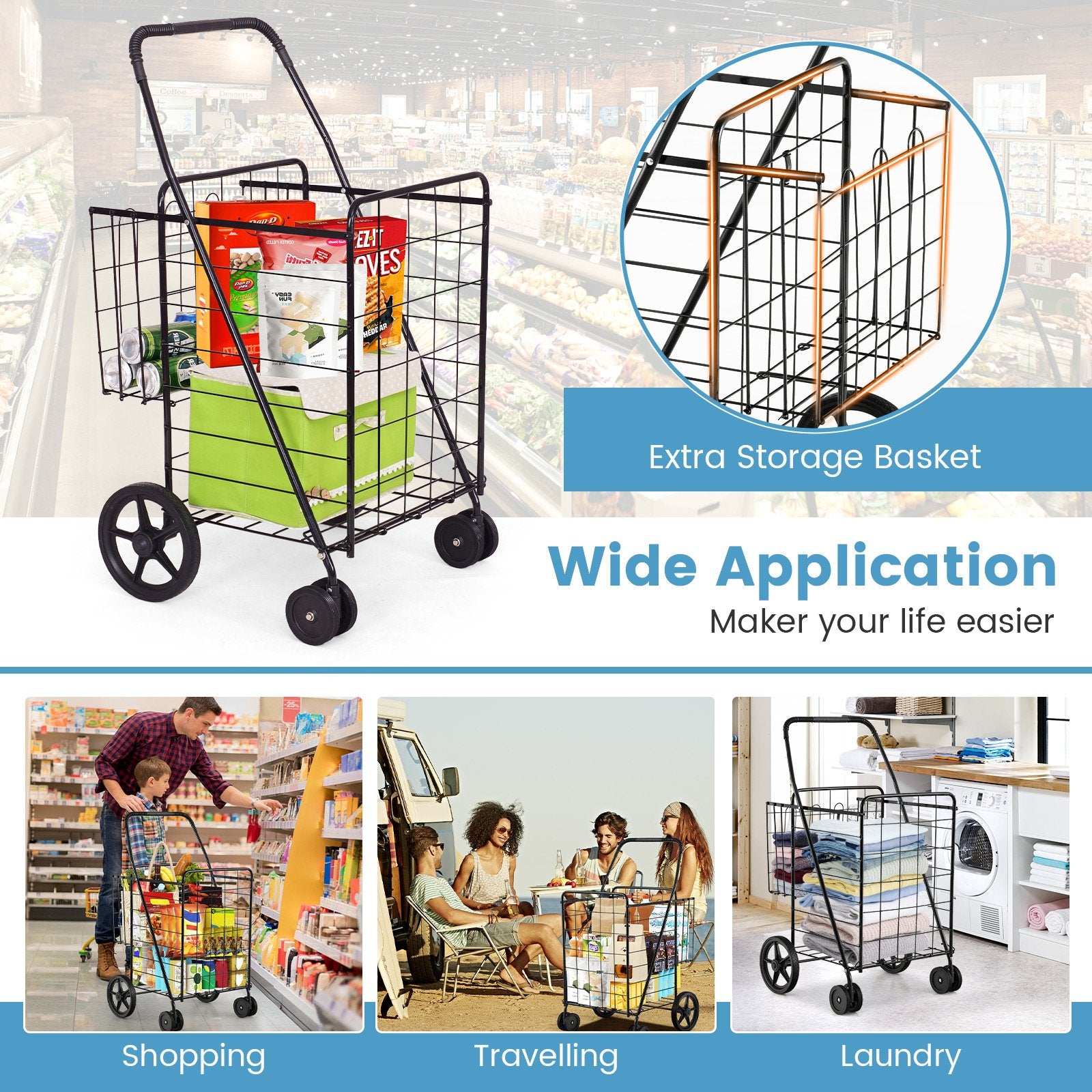 Folding Shopping Cart for Laundry with Swiveling Wheels and Dual Storage Baskets, Black - Gallery Canada