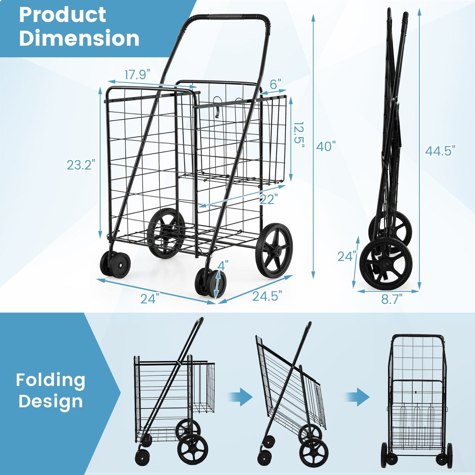 Folding Shopping Cart for Laundry with Swiveling Wheels and Dual Storage Baskets, Black Kitchen Tools   at Gallery Canada