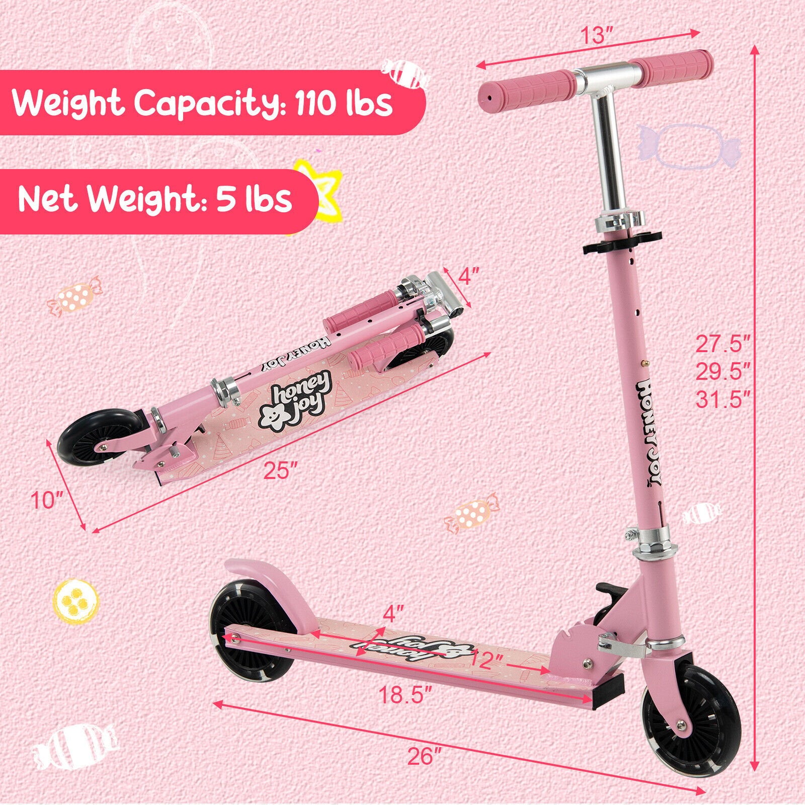 Folding Adjustable Height Kids Toy Kick Scooter with 2 Flashing Wheels, Pink Scooters   at Gallery Canada