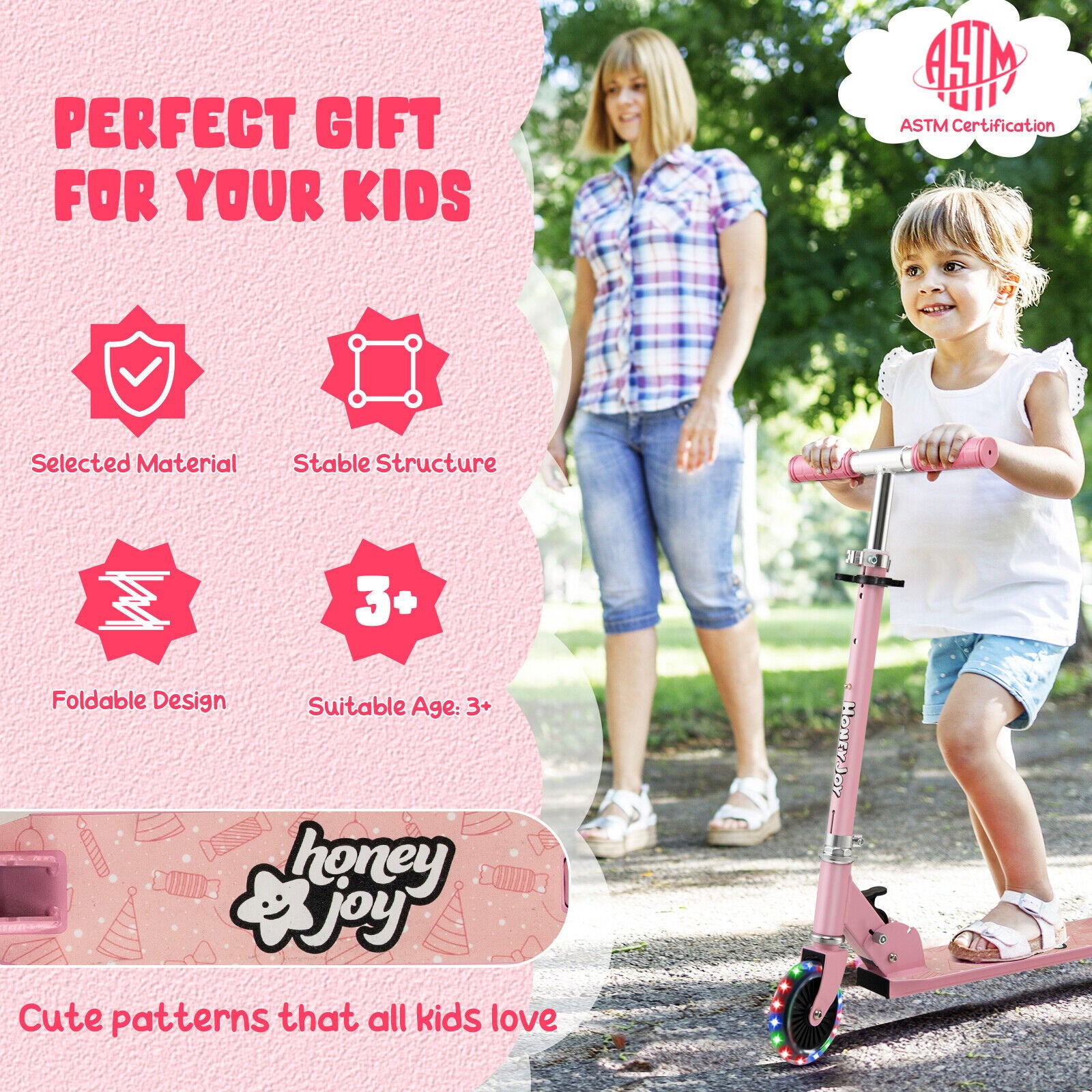 Folding Adjustable Height Kids Toy Kick Scooter with 2 Flashing Wheels, Pink Scooters   at Gallery Canada