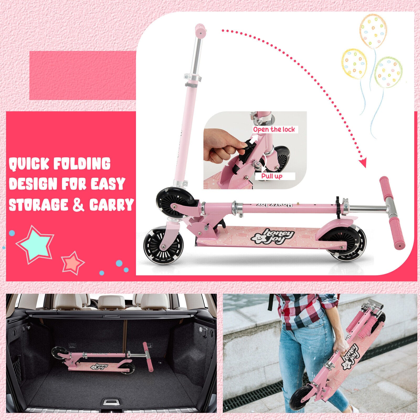 Folding Adjustable Height Kids Toy Kick Scooter with 2 Flashing Wheels, Pink Scooters   at Gallery Canada