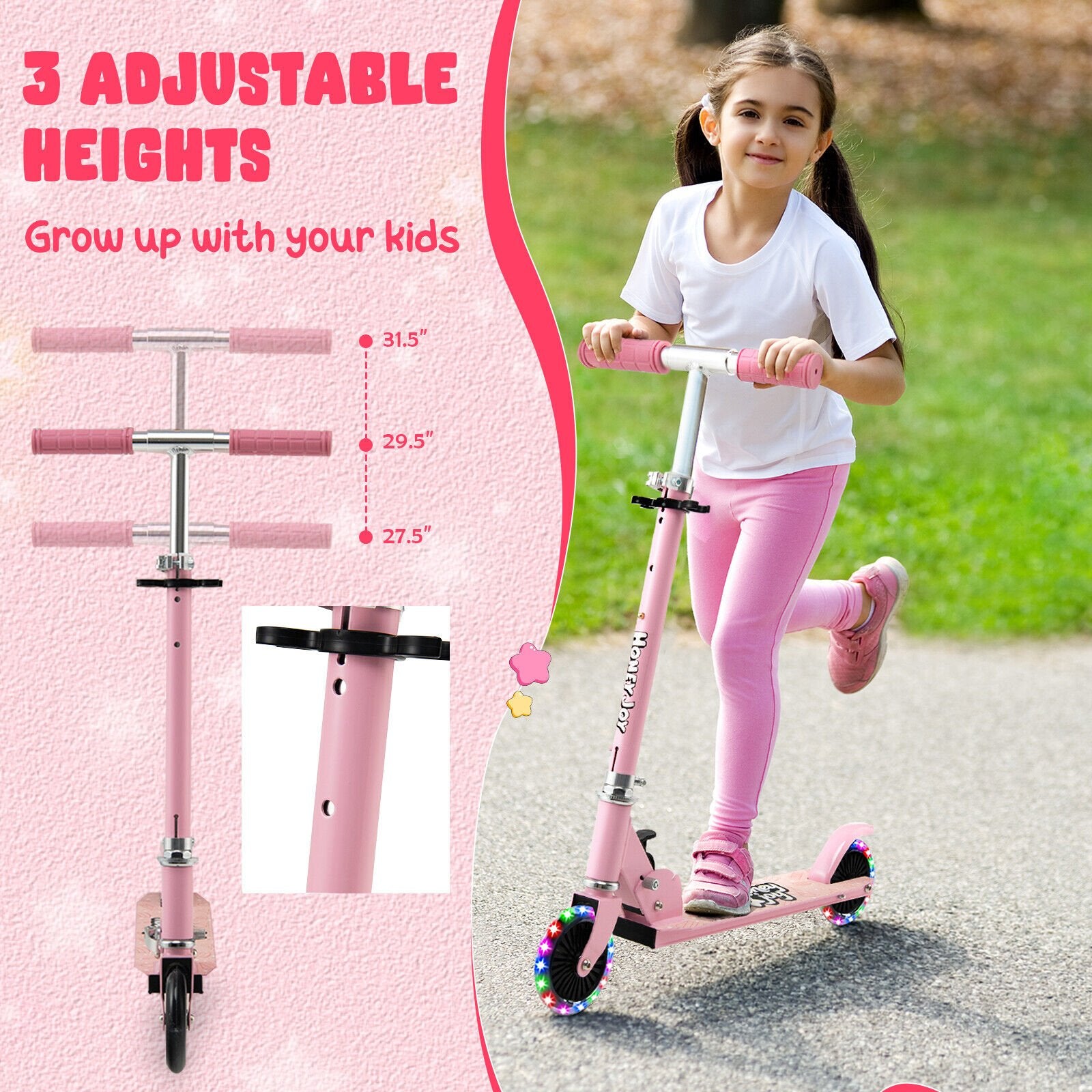 Folding Adjustable Height Kids Toy Kick Scooter with 2 Flashing Wheels, Pink Scooters   at Gallery Canada