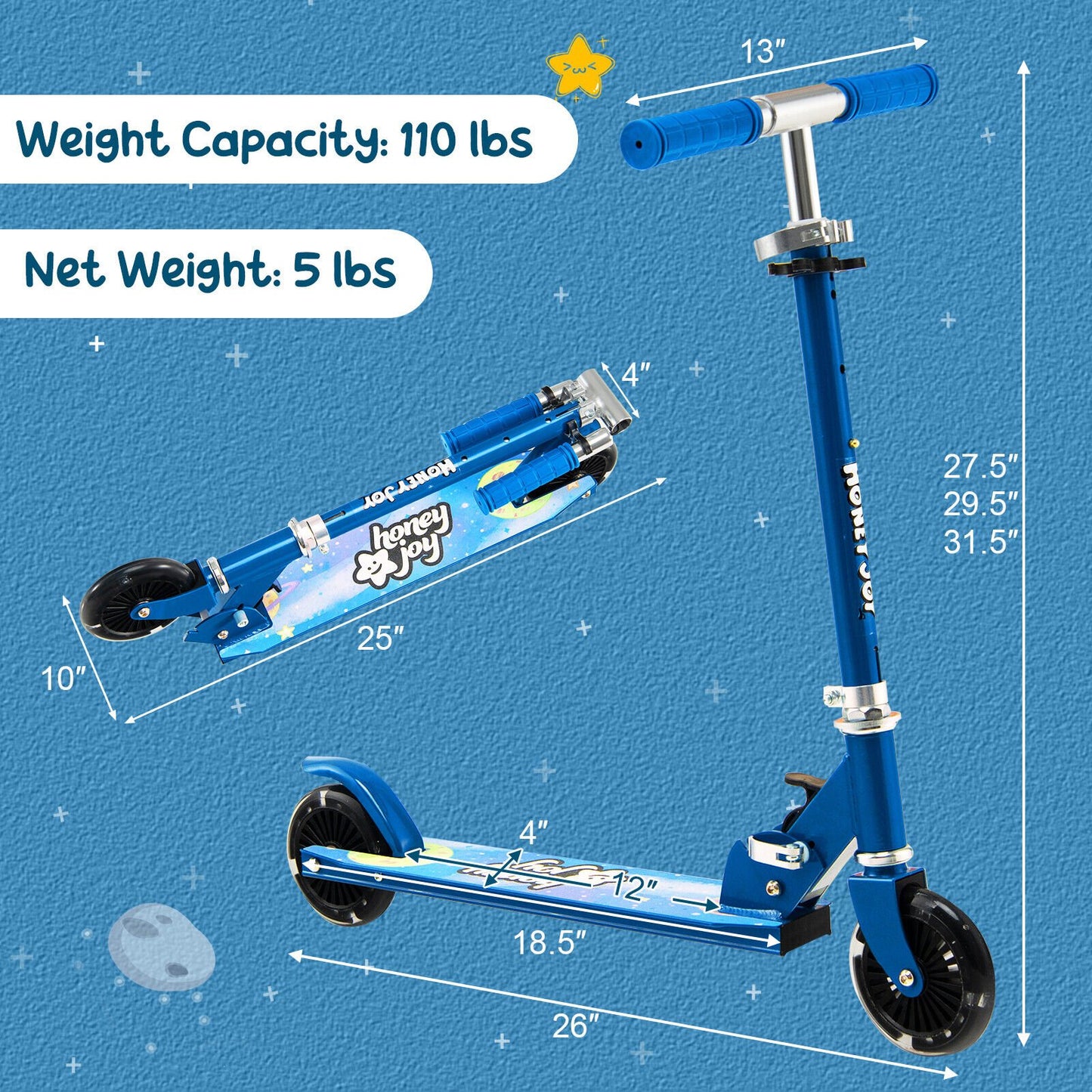 Folding Adjustable Height Kids Toy Kick Scooter with 2 Flashing Wheels, Blue Scooters   at Gallery Canada