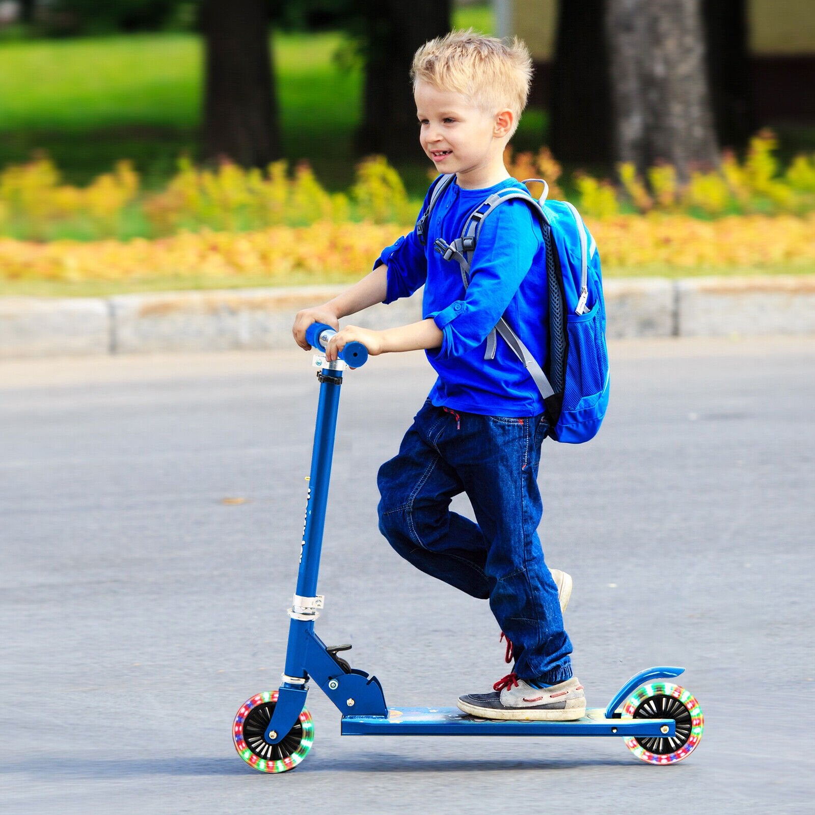 Folding Adjustable Height Kids Toy Kick Scooter with 2 Flashing Wheels, Blue Scooters   at Gallery Canada