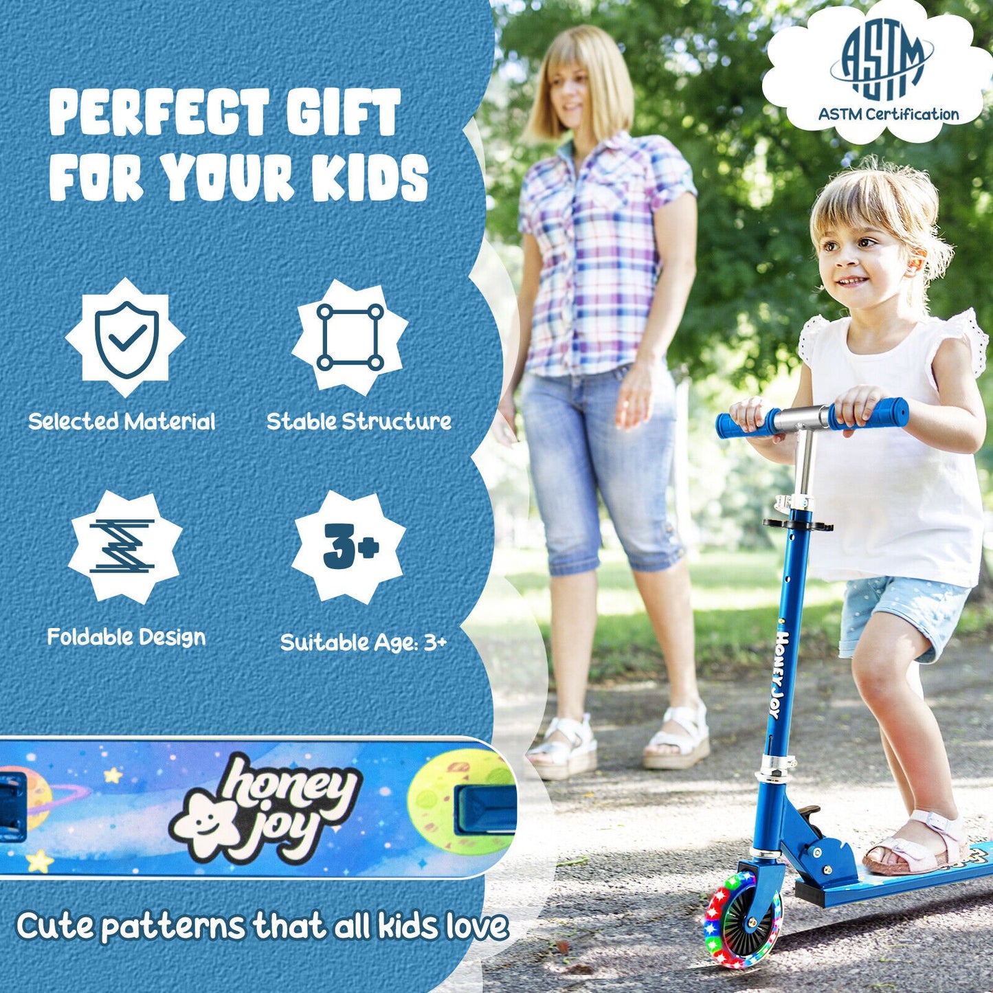 Folding Adjustable Height Kids Toy Kick Scooter with 2 Flashing Wheels, Blue Scooters   at Gallery Canada