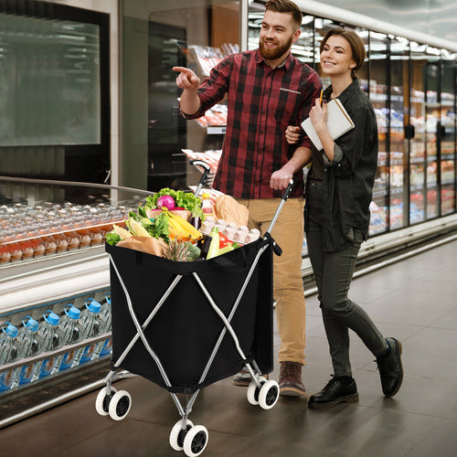 Folding Shopping Utility Cart with Water-Resistant Removable Canvas Bag, Black