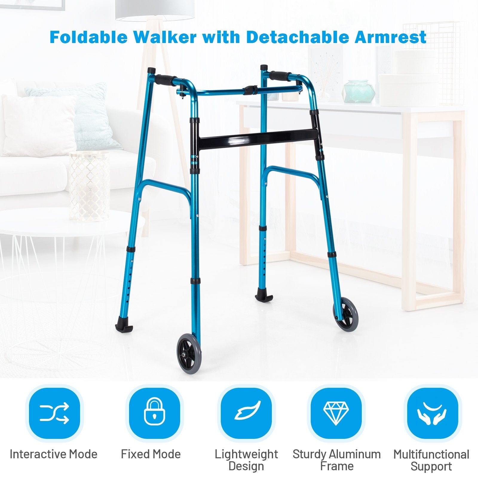 Folding Adjustable Aluminum Wheel Walking Frame, Navy Walkers & Rollators   at Gallery Canada