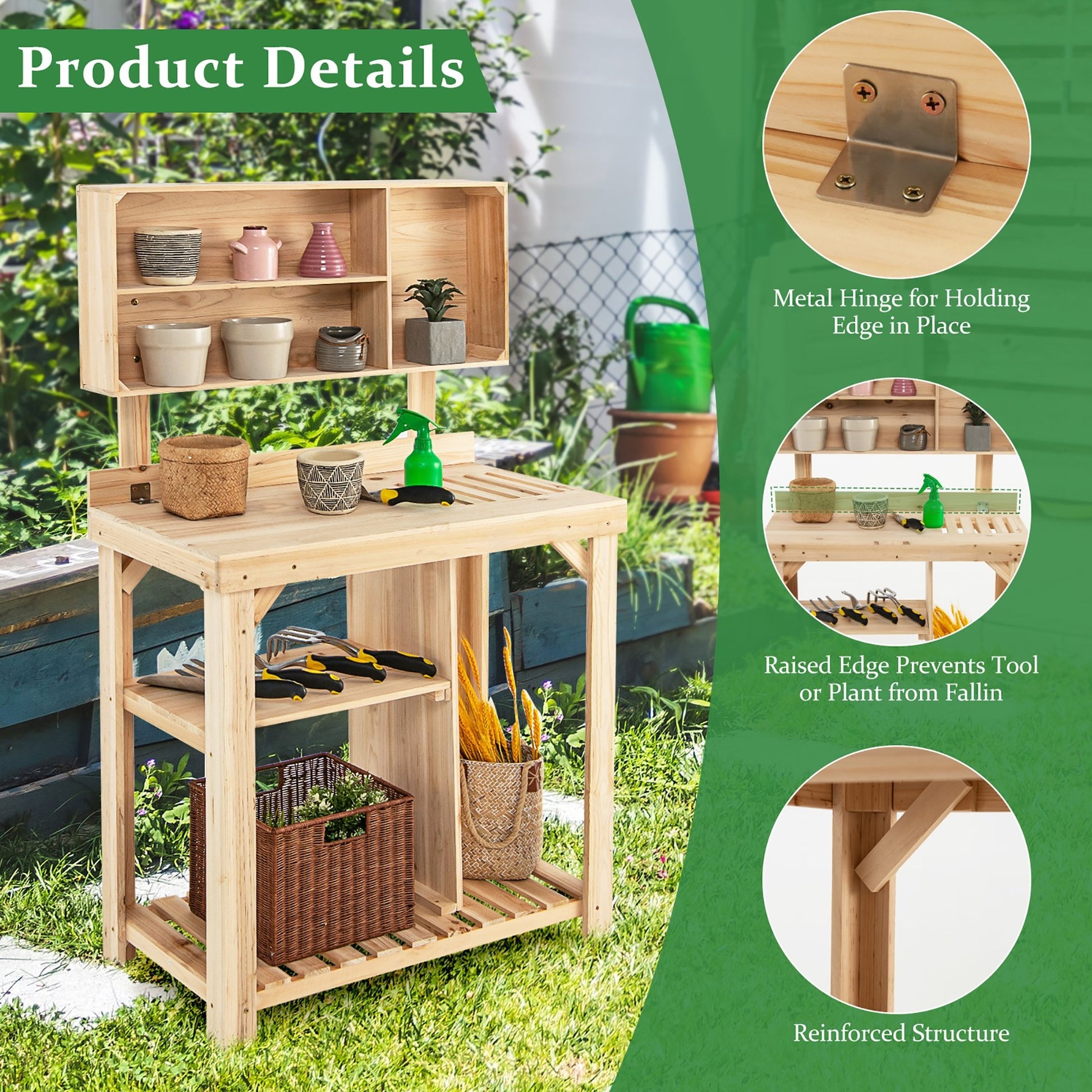 Garden Wooden Potting Table Workstation with Storage Shelf, Natural - Gallery Canada