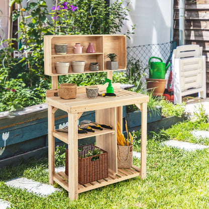 Garden Wooden Potting Table Workstation with Storage Shelf, Natural - Gallery Canada