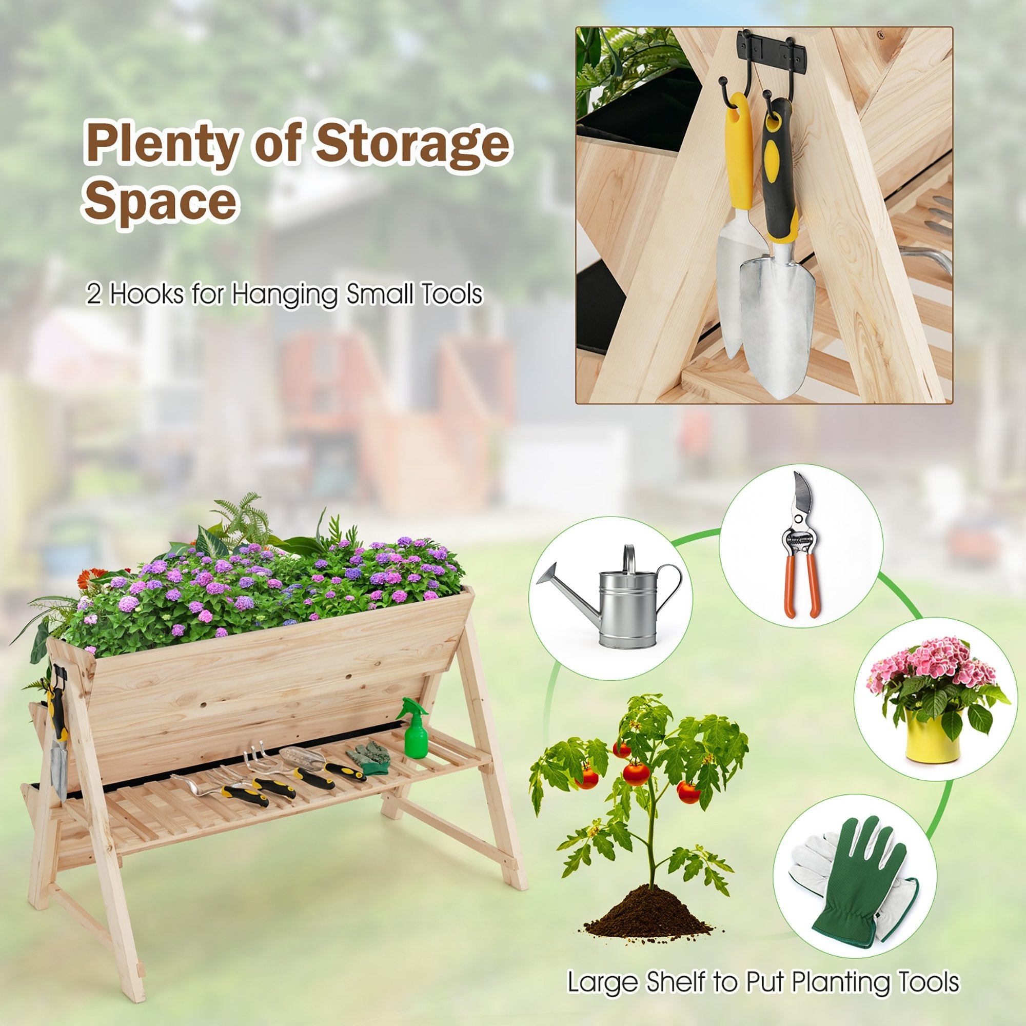 3 Tier Wooden Vertical Raised Garden Bed with Storage Shelf, Natural Raised Garden Beds   at Gallery Canada