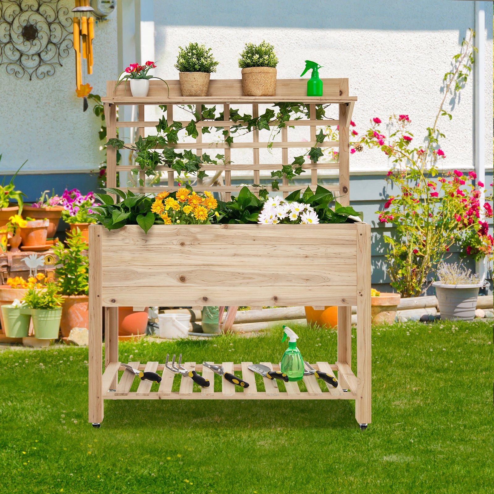 Wooden Raised Garden Bed with Wheels Trellis and Storage Shelf, Natural Greenhouses at Gallery Canada