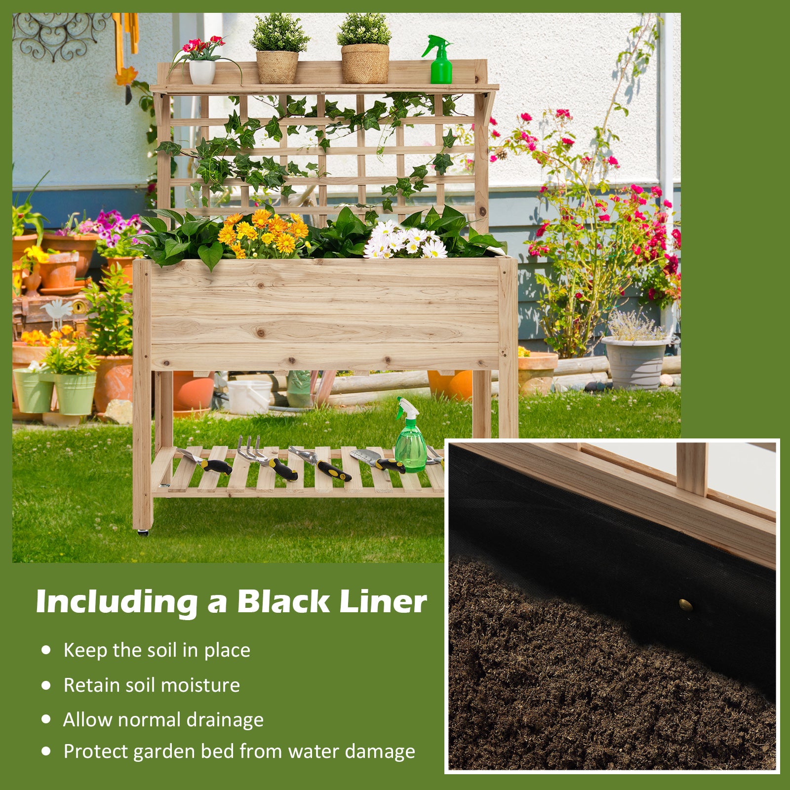 Wooden Raised Garden Bed with Wheels Trellis and Storage Shelf, Natural Greenhouses at Gallery Canada