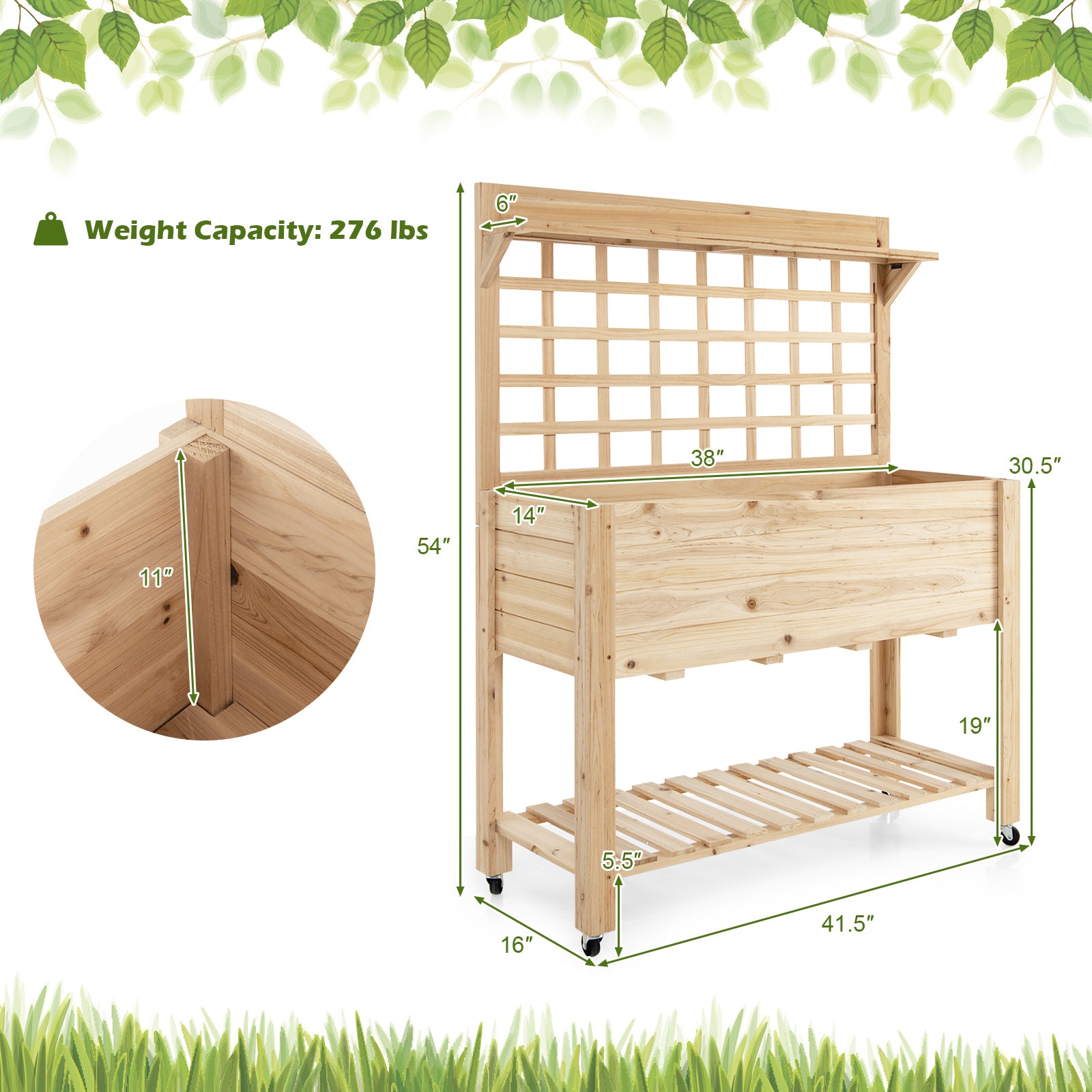 Wooden Raised Garden Bed with Wheels Trellis and Storage Shelf, Natural Greenhouses at Gallery Canada