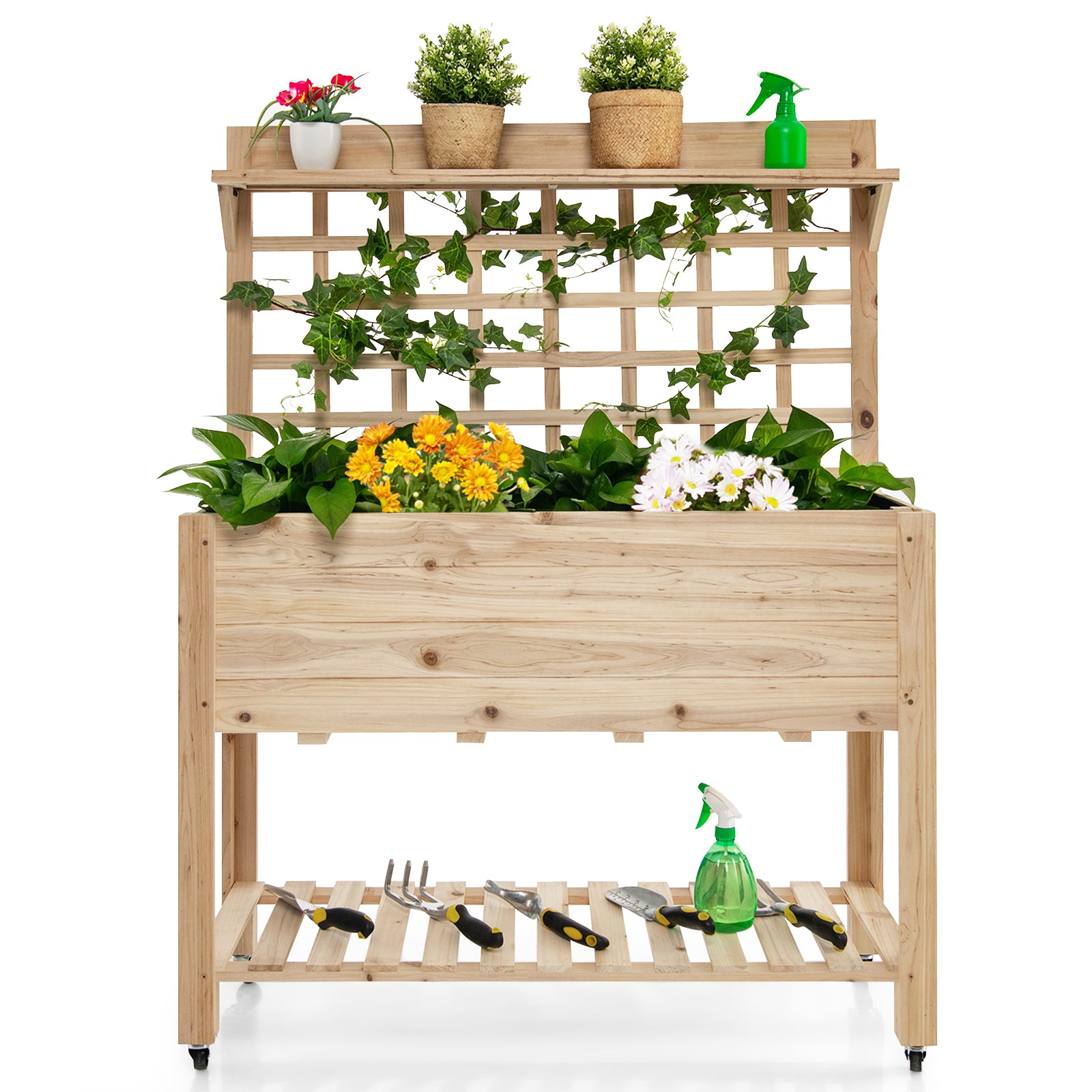 Wooden Raised Garden Bed with Wheels Trellis and Storage Shelf, Natural Greenhouses at Gallery Canada