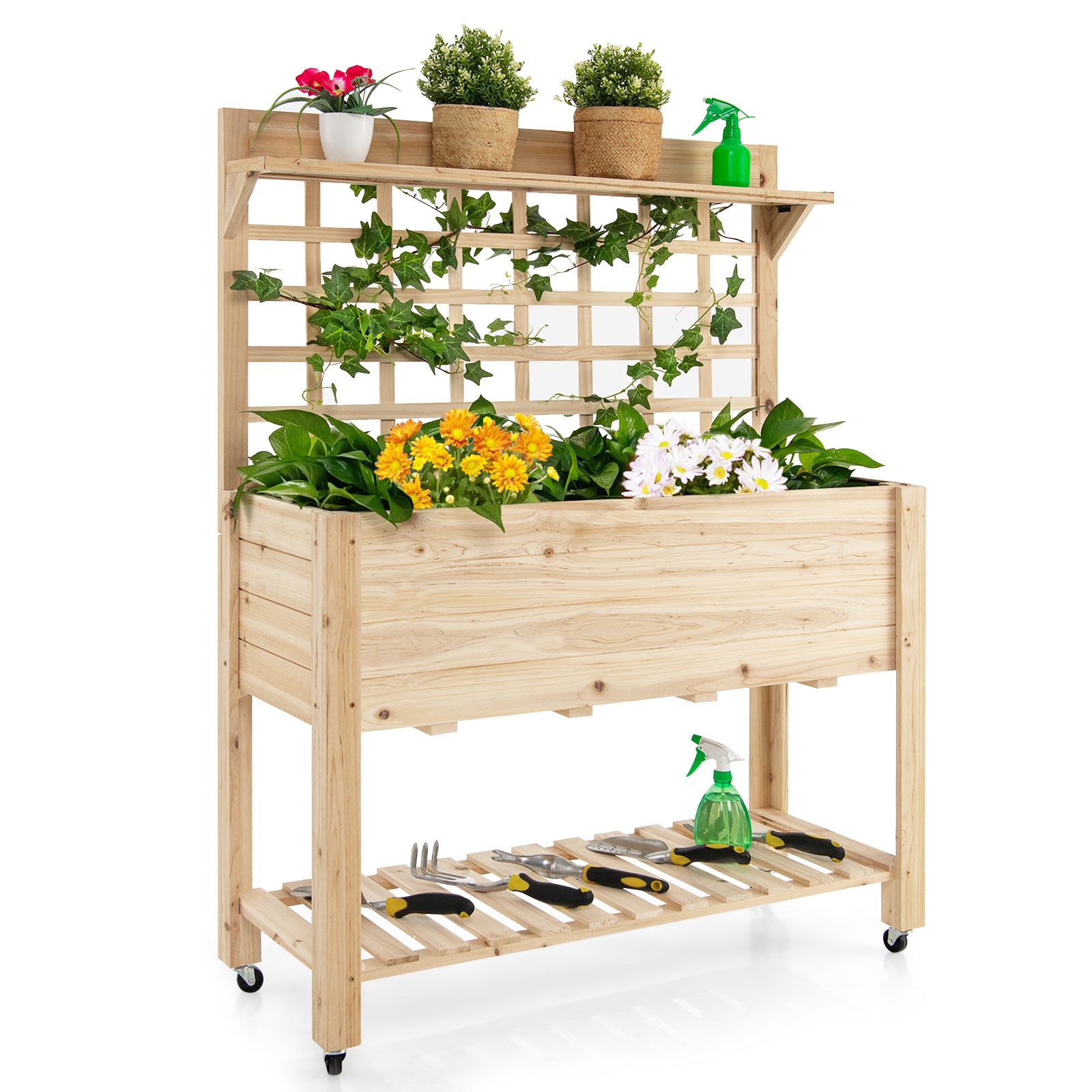 Wooden Raised Garden Bed with Wheels Trellis and Storage Shelf, Natural Greenhouses at Gallery Canada