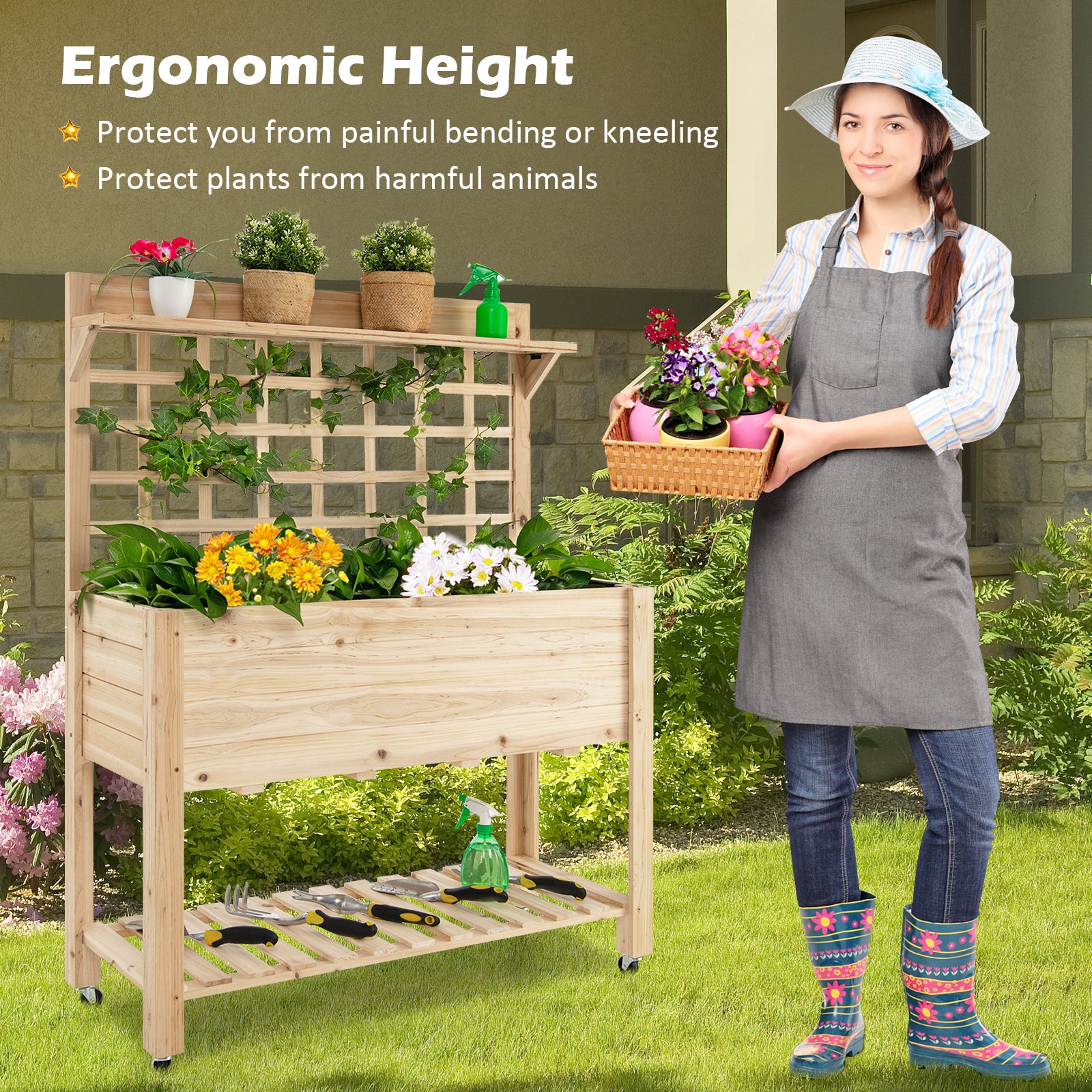 Wooden Raised Garden Bed with Wheels Trellis and Storage Shelf, Natural Greenhouses at Gallery Canada