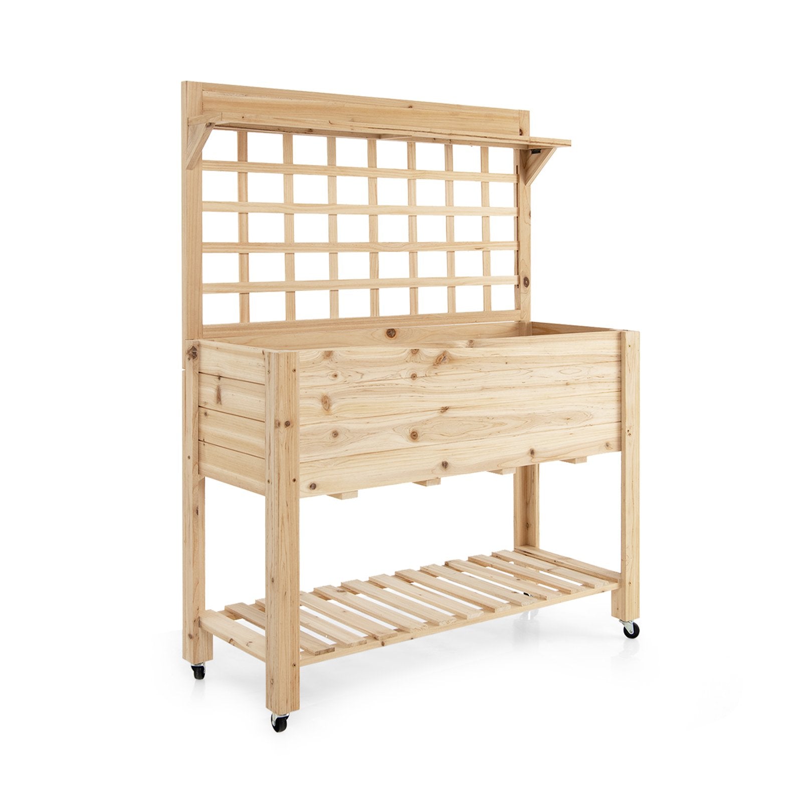 Wooden Raised Garden Bed with Wheels Trellis and Storage Shelf, Natural Greenhouses   at Gallery Canada