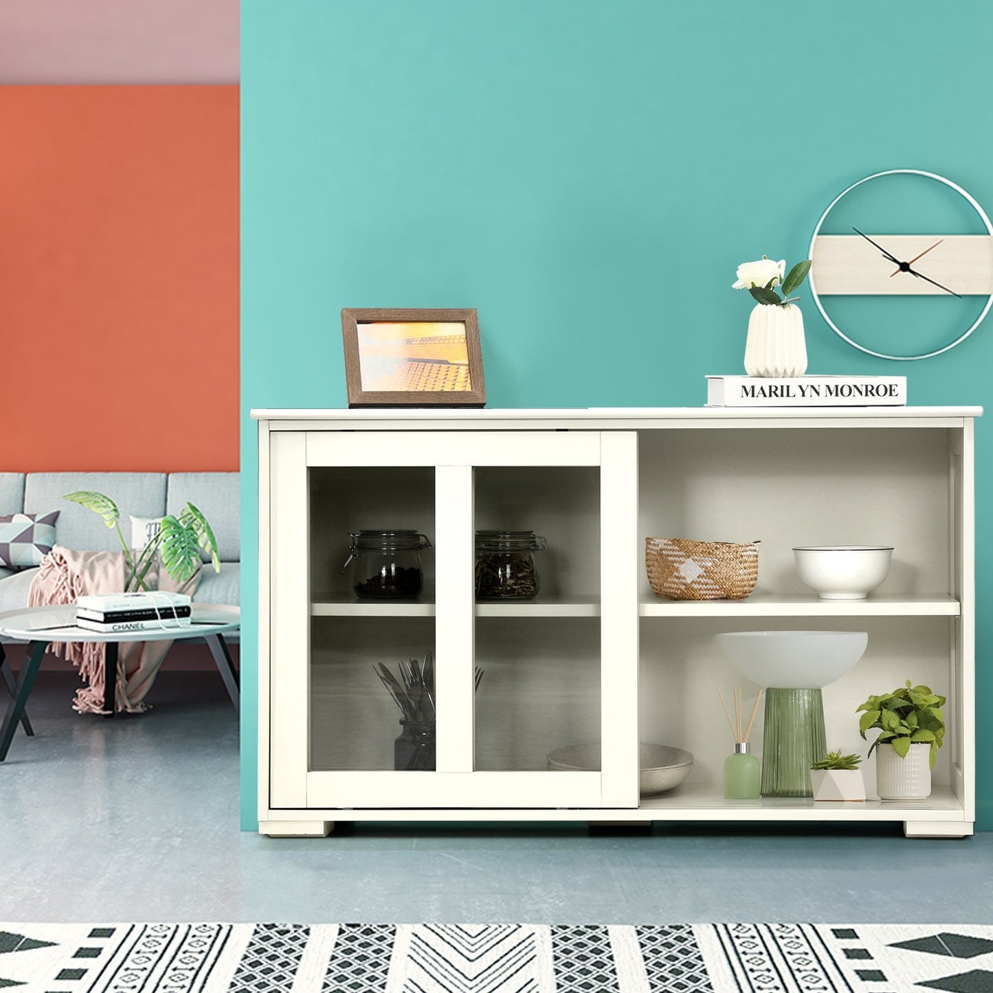 Sideboard Buffet Cupboard Storage Cabinet with Sliding Door-Antique White, White Sideboards Cabinets & Buffets   at Gallery Canada