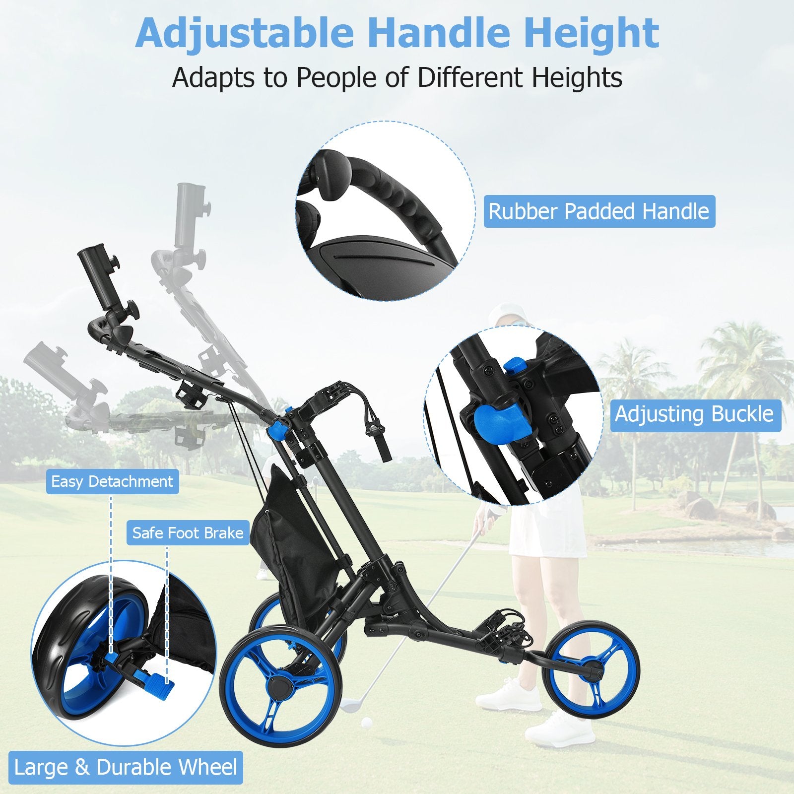 Folding 3 Wheels Golf Push Cart with Bag Scoreboard Adjustable Handle, Blue Golf   at Gallery Canada