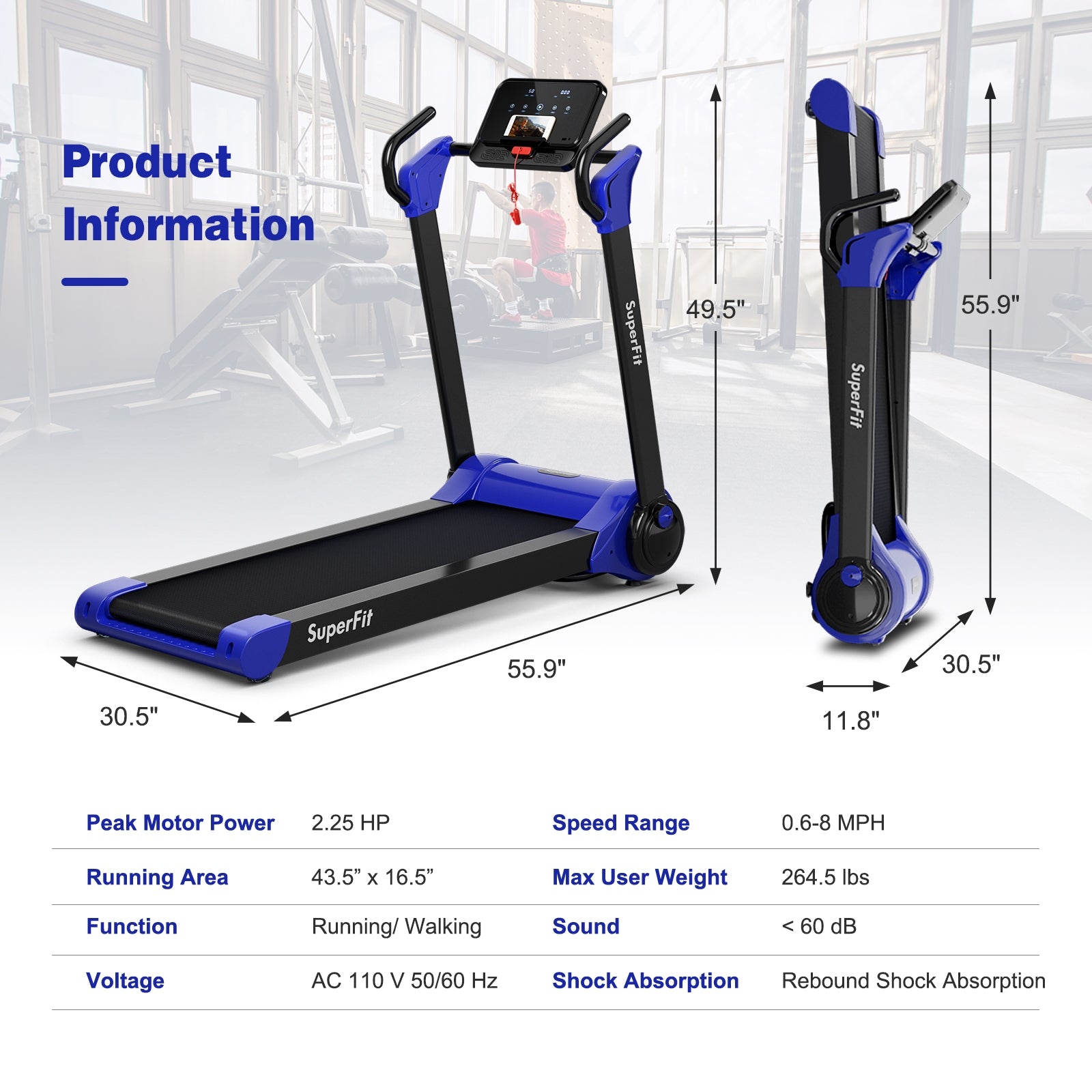 2.25 HP Electric Motorized Folding Running Treadmill Machine with LED Display, Navy Treadmills   at Gallery Canada