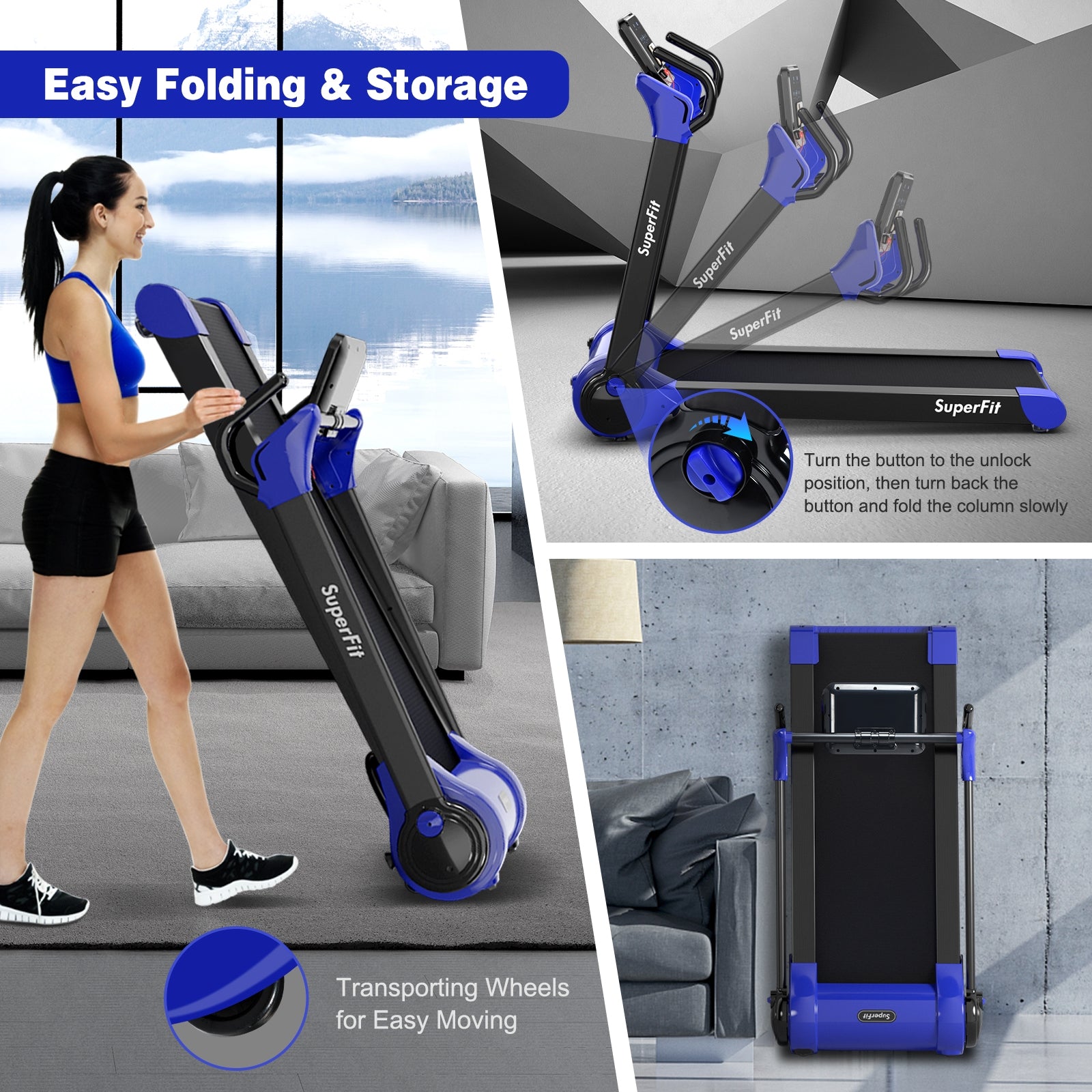 2.25 HP Electric Motorized Folding Running Treadmill Machine with LED Display, Navy Treadmills   at Gallery Canada